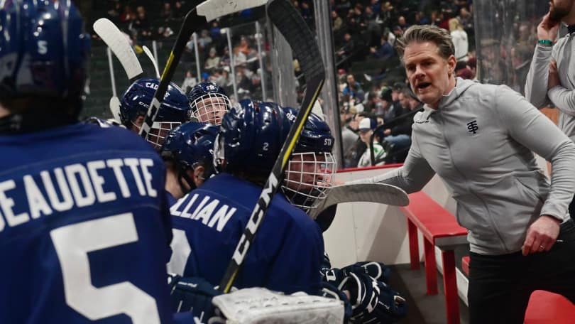 St. Thomas Academy head coach Trent Eigner gives his team some motivation at the start of the second period against Andover in a Class 2A quarterfinal game of the State Boys' Hockey Tournament at Xcel Energy Center in St. Paul on Thursday, March 5, 2020. (John Autey / Pioneer Press)