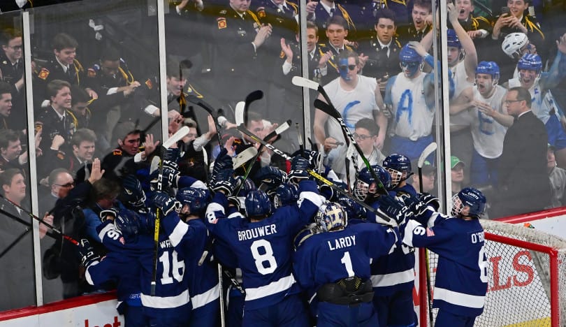 St. Thomas Academy celebrate their 3-2 victory over Andover in a Class 2A quarterfinal game of the State Boys' Hockey Tournament at Xcel Energy Center in St. Paul on Thursday, March 5, 2020. (John Autey / Pioneer Press)