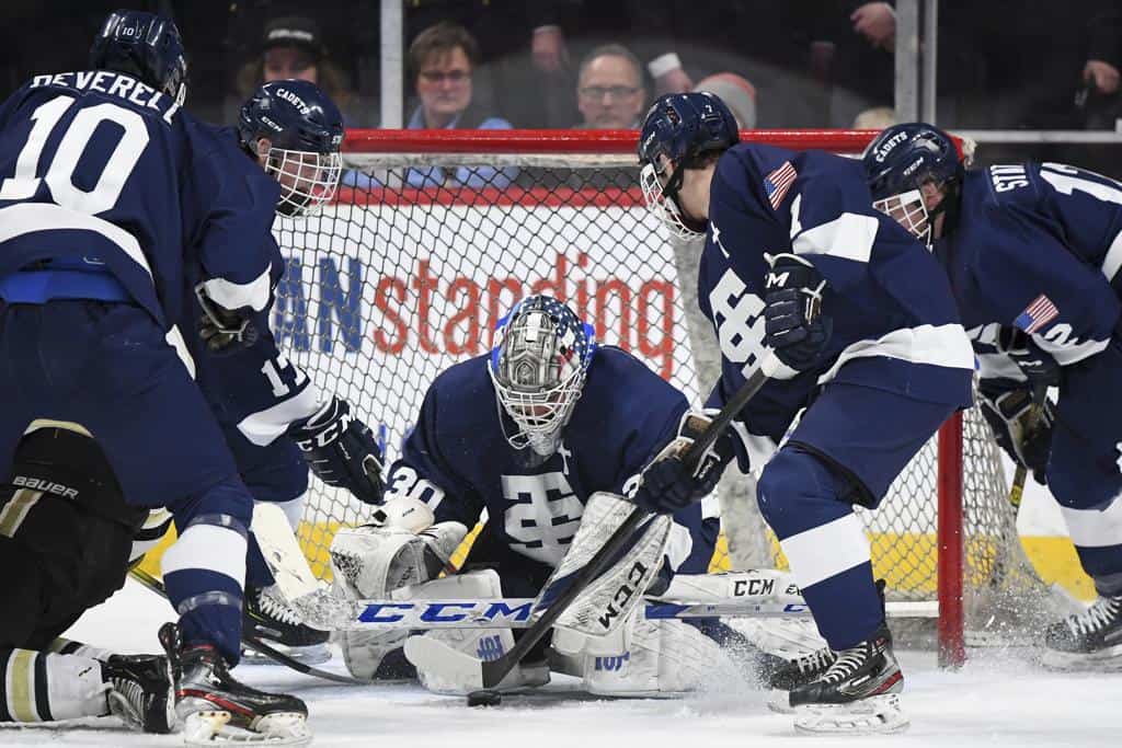 St. Thomas Academy goaltender Tommy Aitken (30) stopped an Andover shot in the first period. 
]   Aaron Lavinsky • aaron.lavinsky@startribune.com 
Andover played St. Thomas Academy in a Class 1A state tournament quarterfinal game on Thursday, March 5, 2020 at the Xcel Energy Center in St. Paul, Minn.